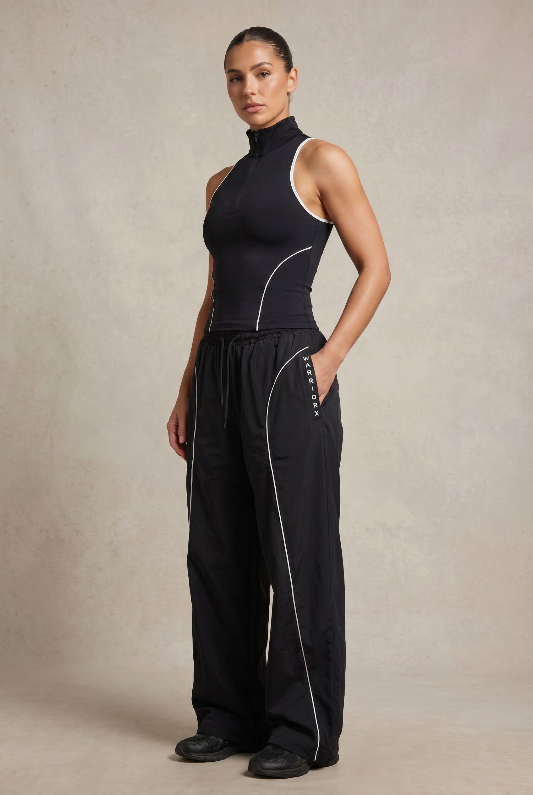WOMENS COTTON TERRY WHITE PIPINING DETAILING CORD SET WITH TANK TOP WITH BAGGY FIT TROUSER