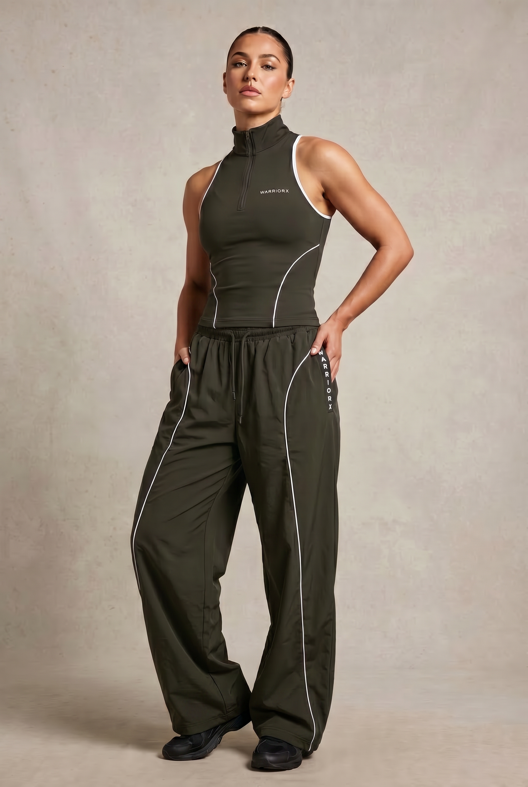 WOMENS COTTON TERRY WHITE PIPINING DETAILING CORD SET WITH TANK TOP WITH BAGGY FIT TROUSER
