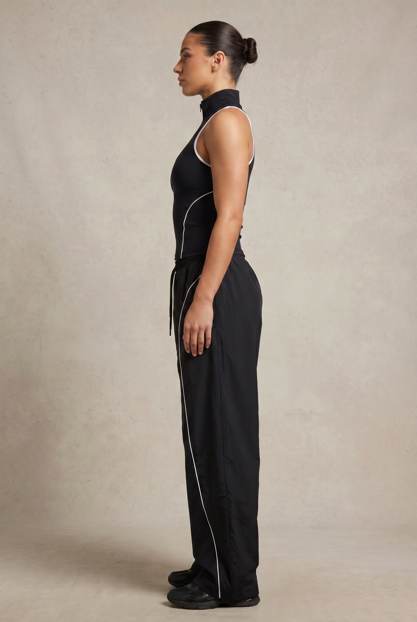 WOMENS COTTON TERRY WHITE PIPINING DETAILING CORD SET WITH TANK TOP WITH BAGGY FIT TROUSER