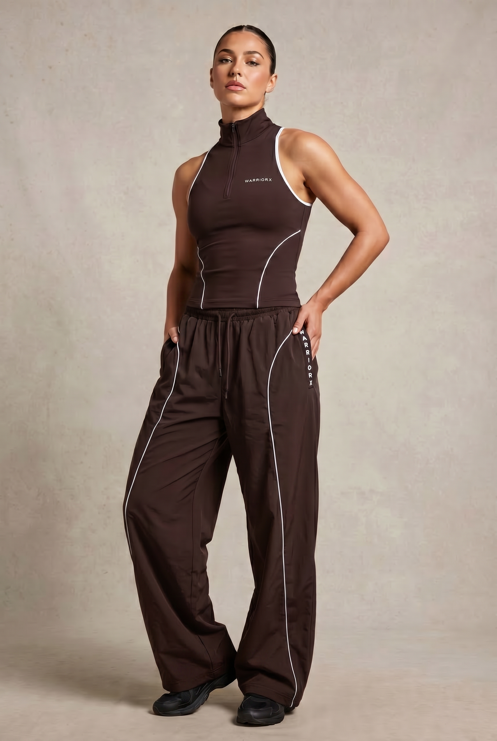 WOMENS COTTON TERRY WHITE PIPINING DETAILING CORD SET WITH TANK TOP WITH BAGGY FIT TROUSER