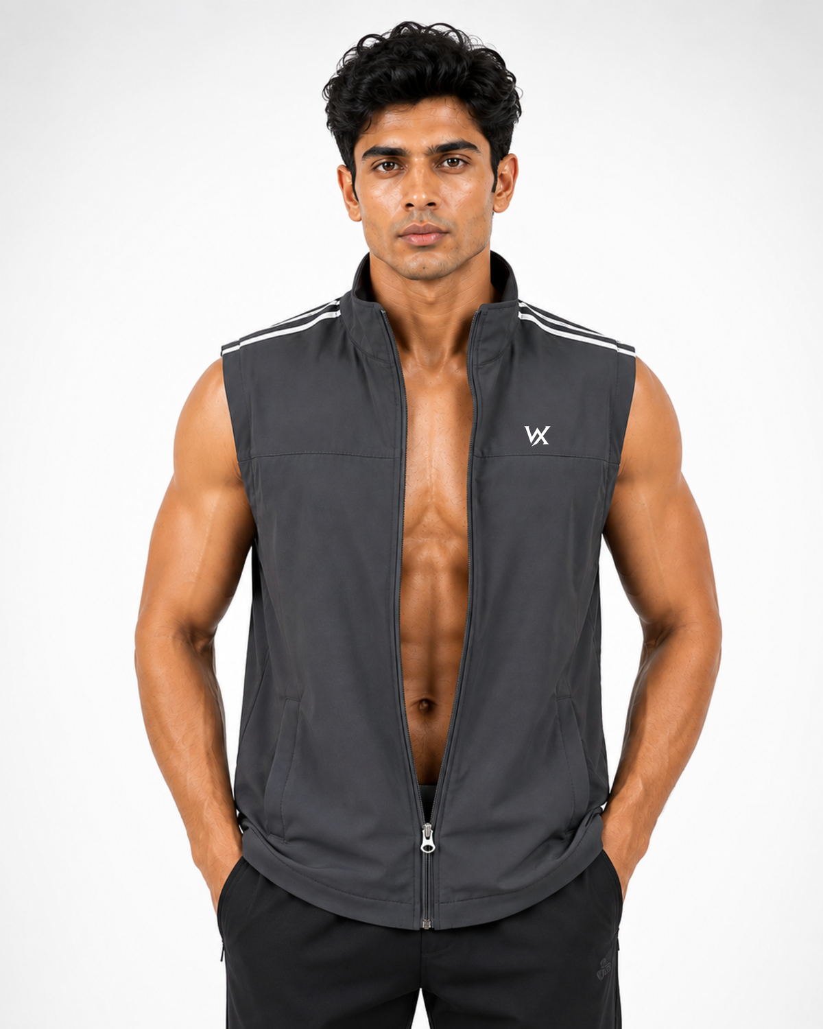 WarriorX Men’s White Sleeveless Zip-Up Gym Training Vest