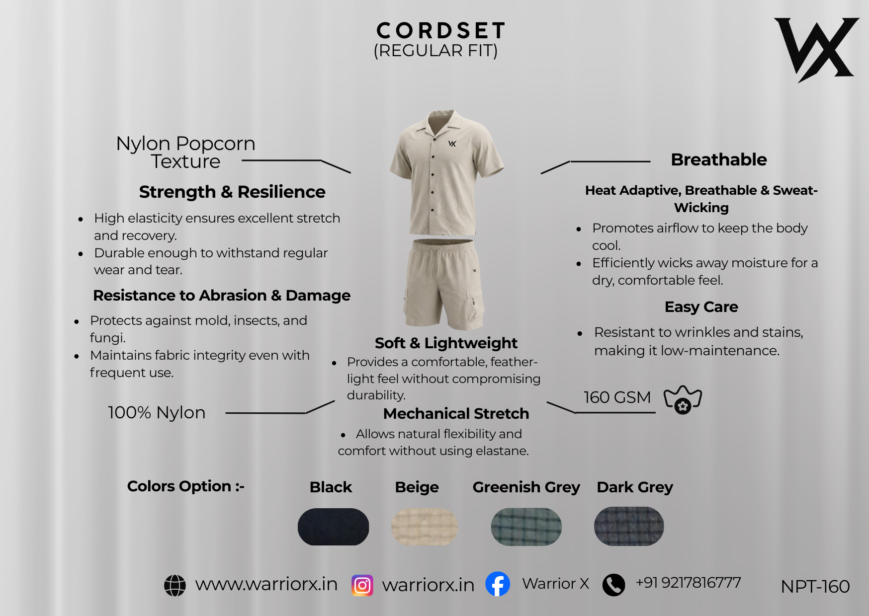 WarriorX Premium Nylon  Beige Co-ord Set for Men