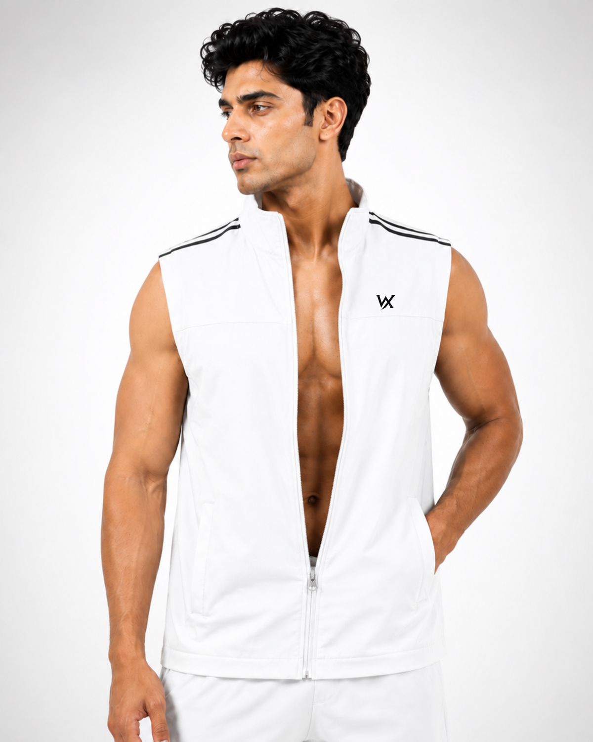 WarriorX Men’s White Sleeveless Zip-Up Gym Training Vest