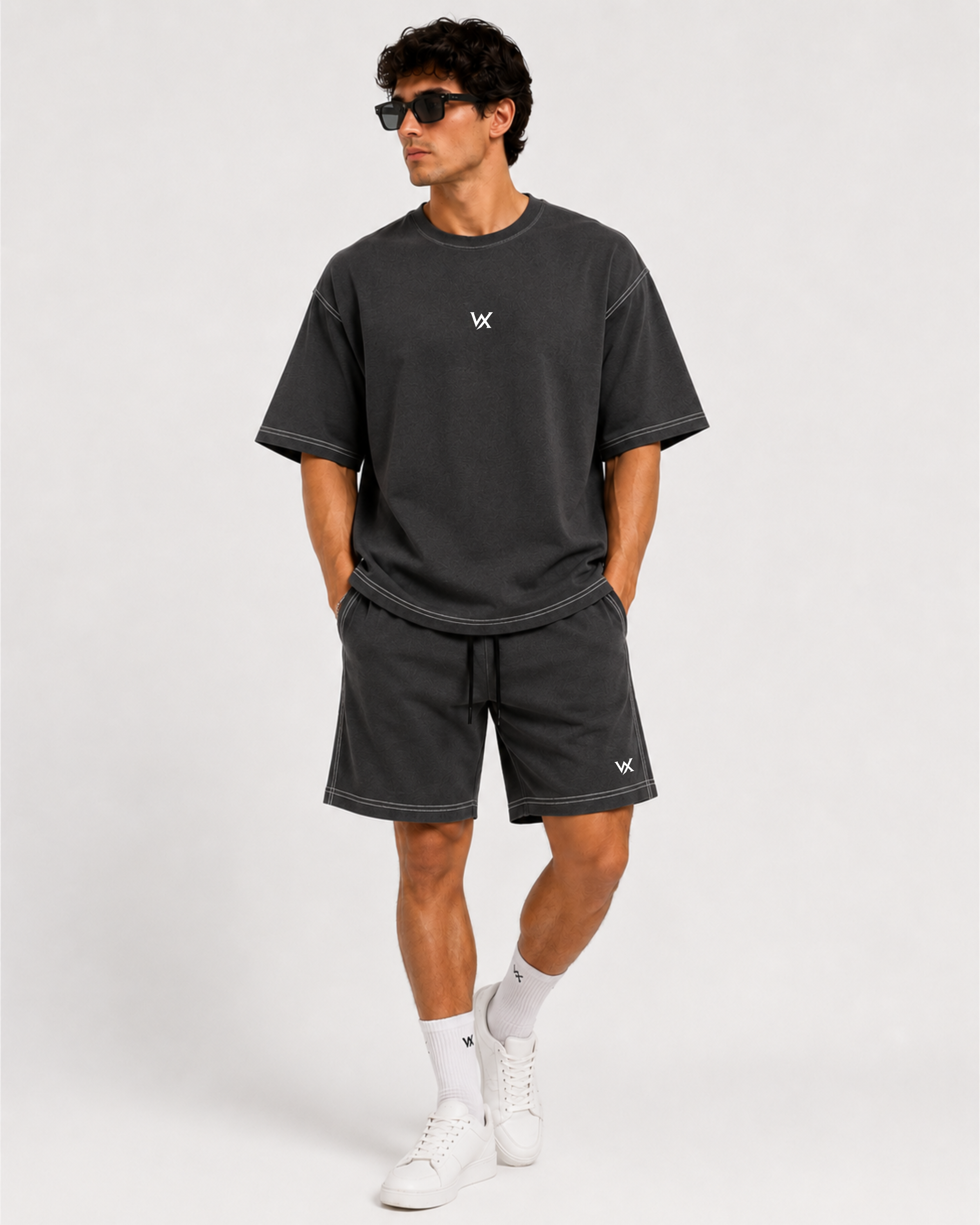 Men's Contrast Thread Baggy Fit Cordset with t-shirt and shorts
