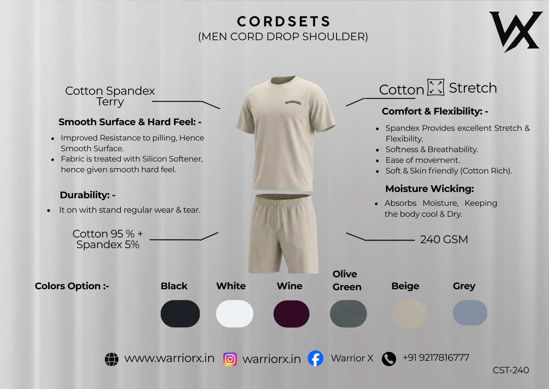WarriorX Men’s Casual Cotton Relaxed Cordset with Tshirt & Shorts