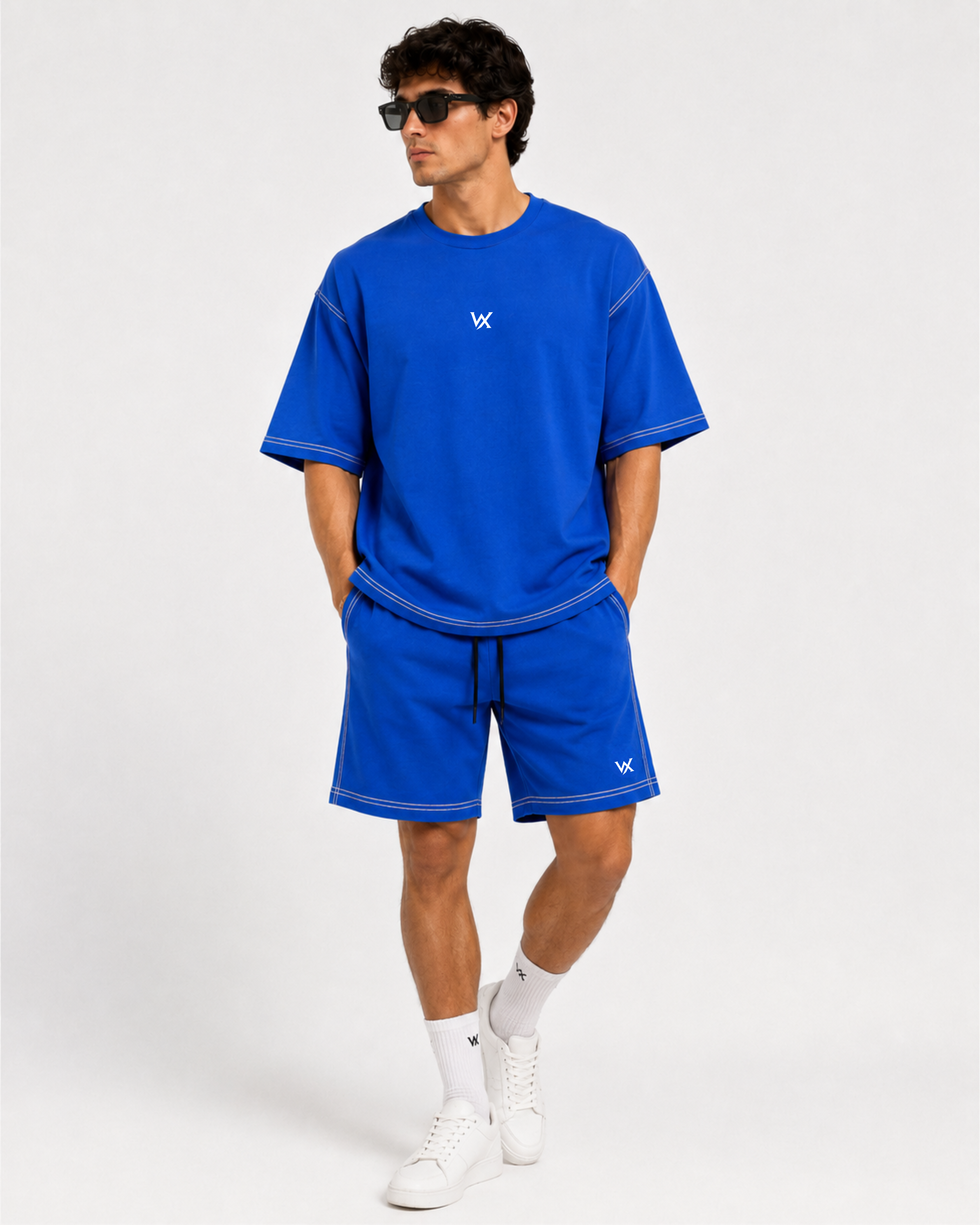 Men's Contrast Thread Baggy Fit Cordset with t-shirt and shorts
