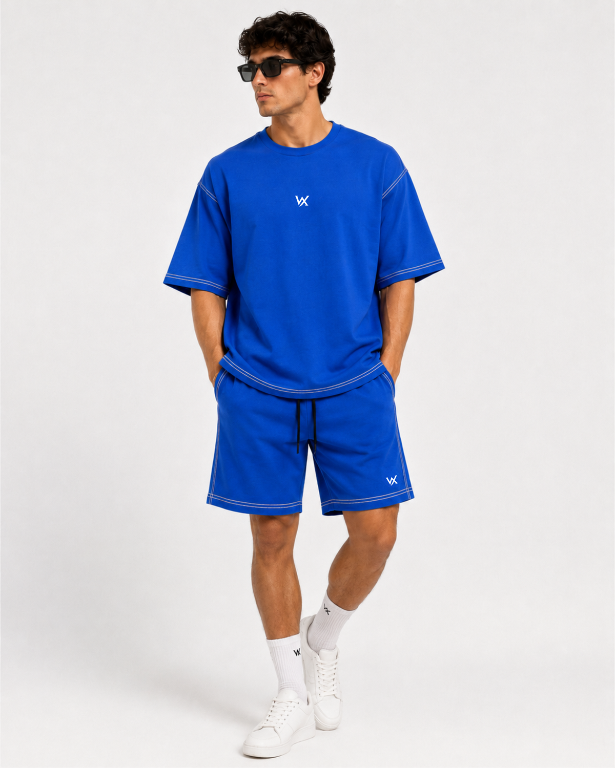 Men's Contrast Thread Baggy Fit Cordset with t-shirt and shorts