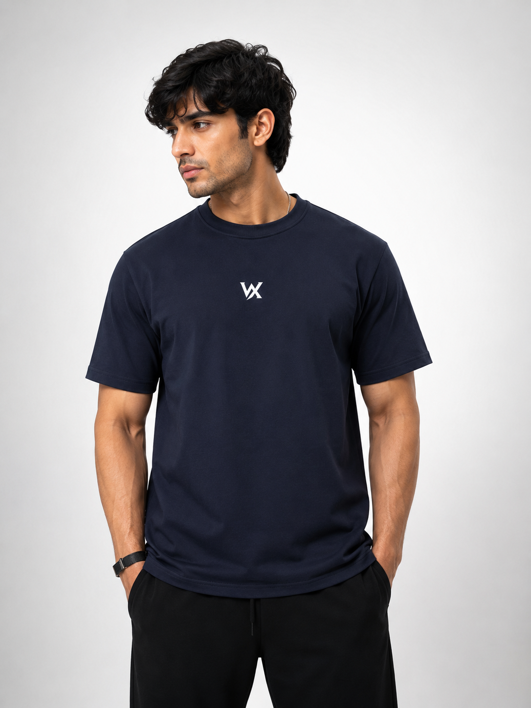 WarriorX Men’s Navy Blue Oversized Puff Print T-Shirt