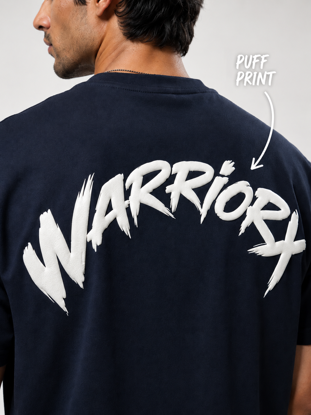 WarriorX Men’s Navy Blue Oversized Puff Print T-Shirt