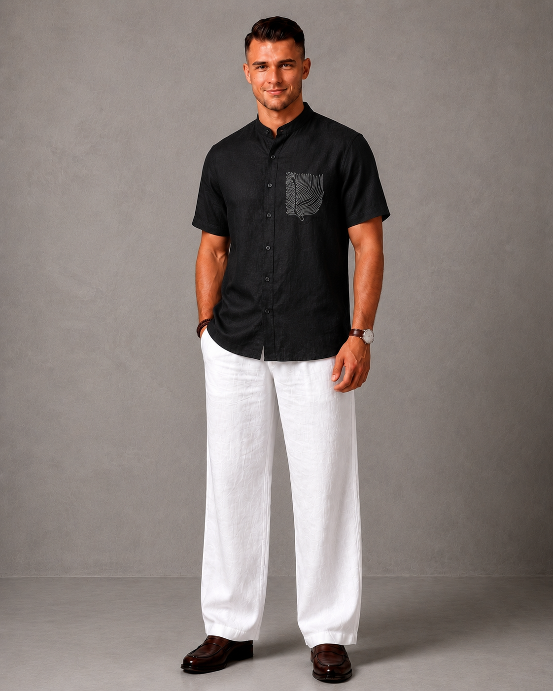 WarriorX Men's Leaf Embroidered Linen Co-Ord Set