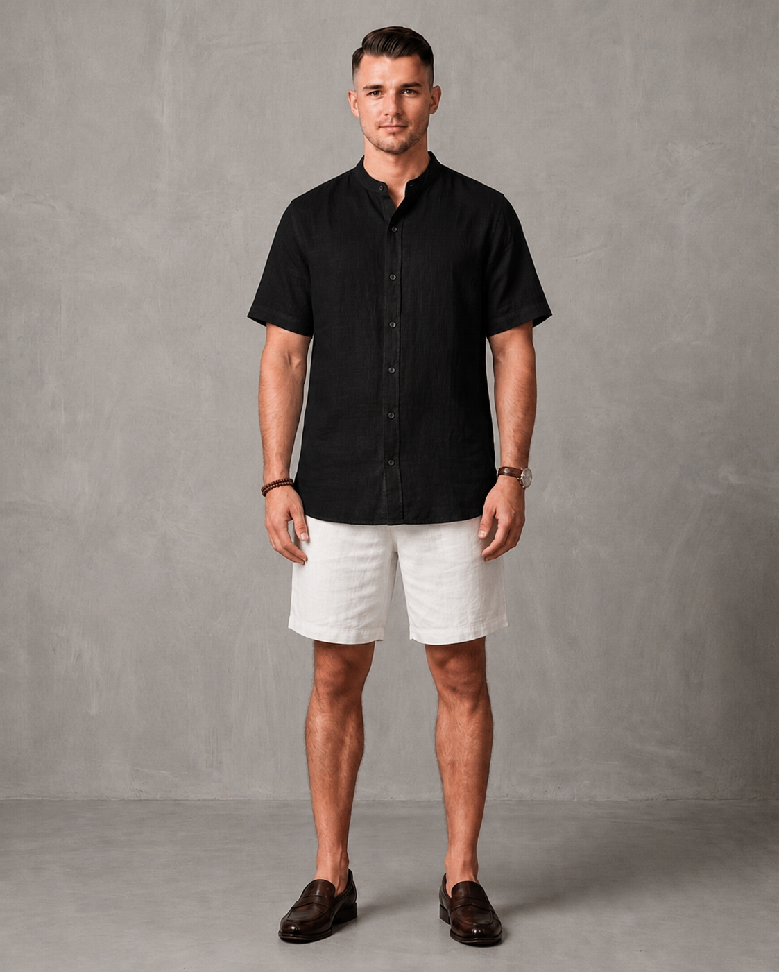 Men's Premium Mandarin Collar Linen Black Shirt & Shorts Set