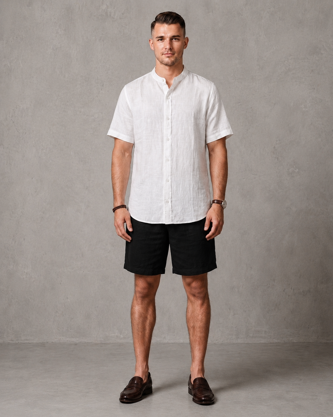 Men's Premium Mandarin Collar Linen white short Shirt & black Shorts Set