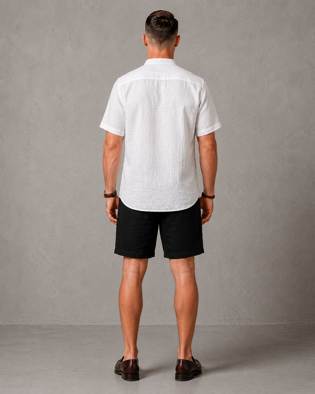 Men's Premium Mandarin Collar Linen white short Shirt & black Shorts Set