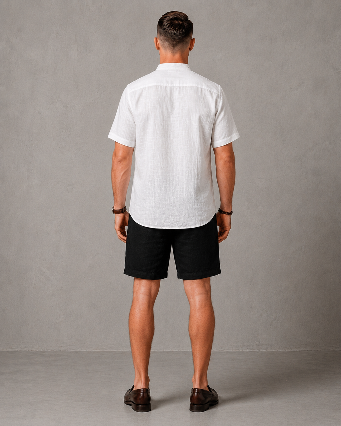 Men's Premium Mandarin Collar Linen white short Shirt & black Shorts Set