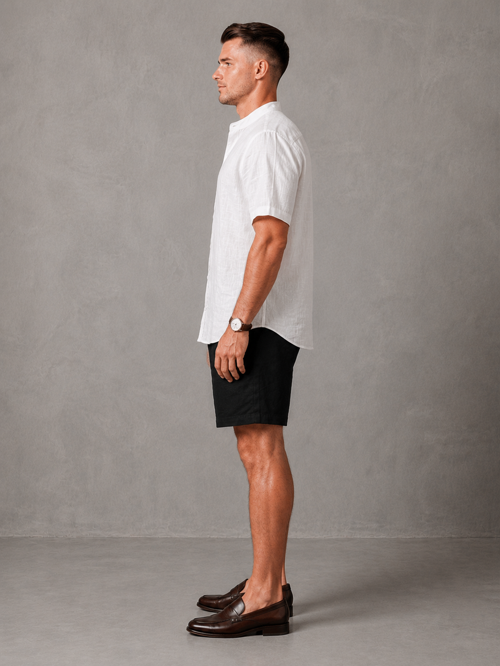 Men's Premium Mandarin Collar Linen white short Shirt & black Shorts Set