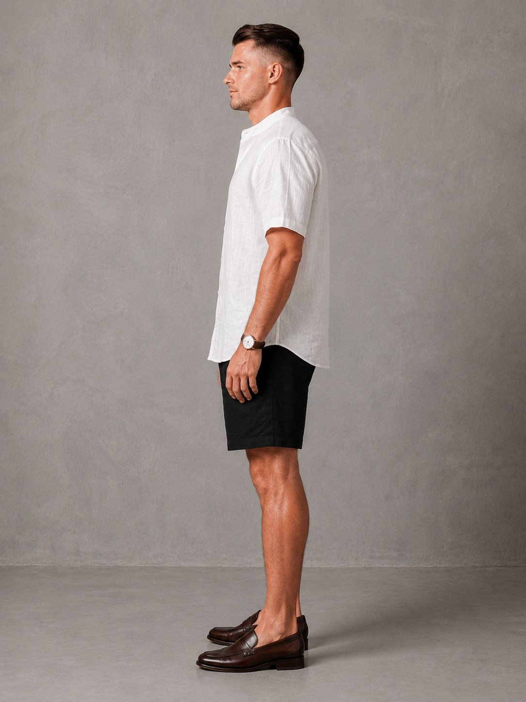 Men's Premium Mandarin Collar Linen white short Shirt & black Shorts Set