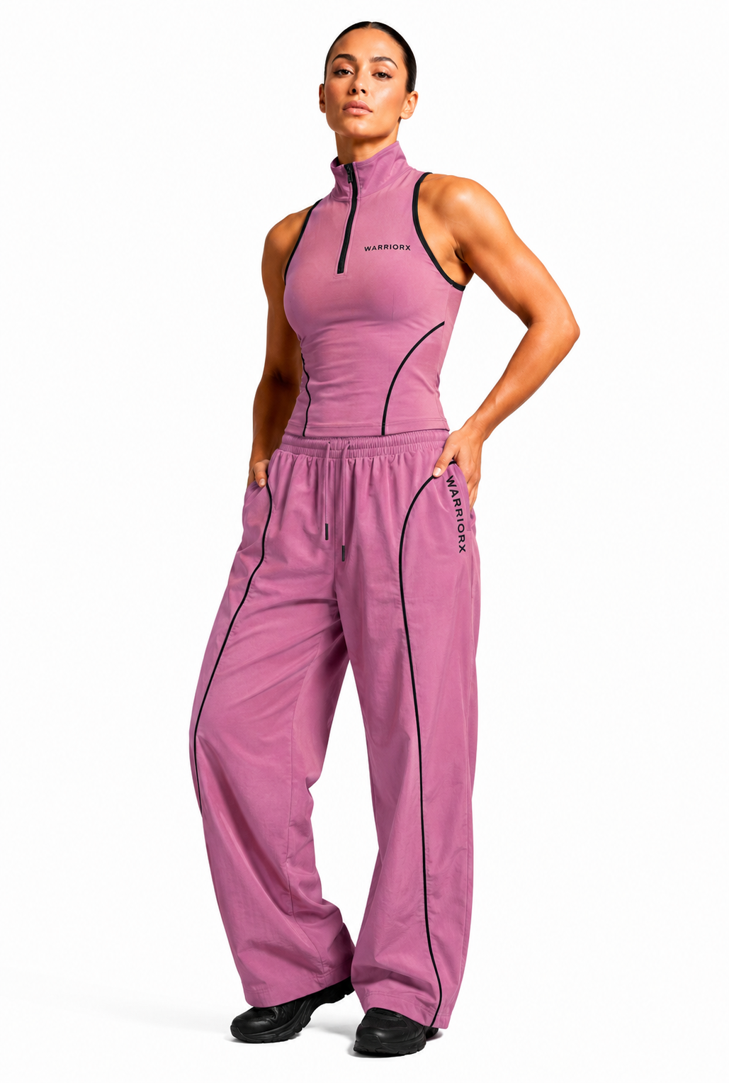 WOMENS COTTON TERRY WHITE PIPINING DETAILING CORD SET WITH TANK TOP WITH BAGGY FIT TROUSER