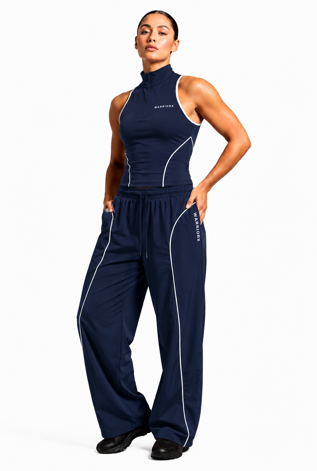 WOMENS COTTON TERRY WHITE PIPINING DETAILING CORD SET WITH TANK TOP WITH BAGGY FIT TROUSER