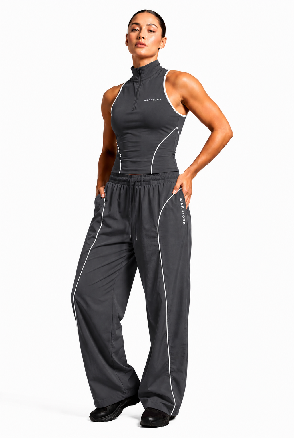 WOMENS COTTON TERRY WHITE PIPINING DETAILING CORD SET WITH TANK TOP WITH BAGGY FIT TROUSER