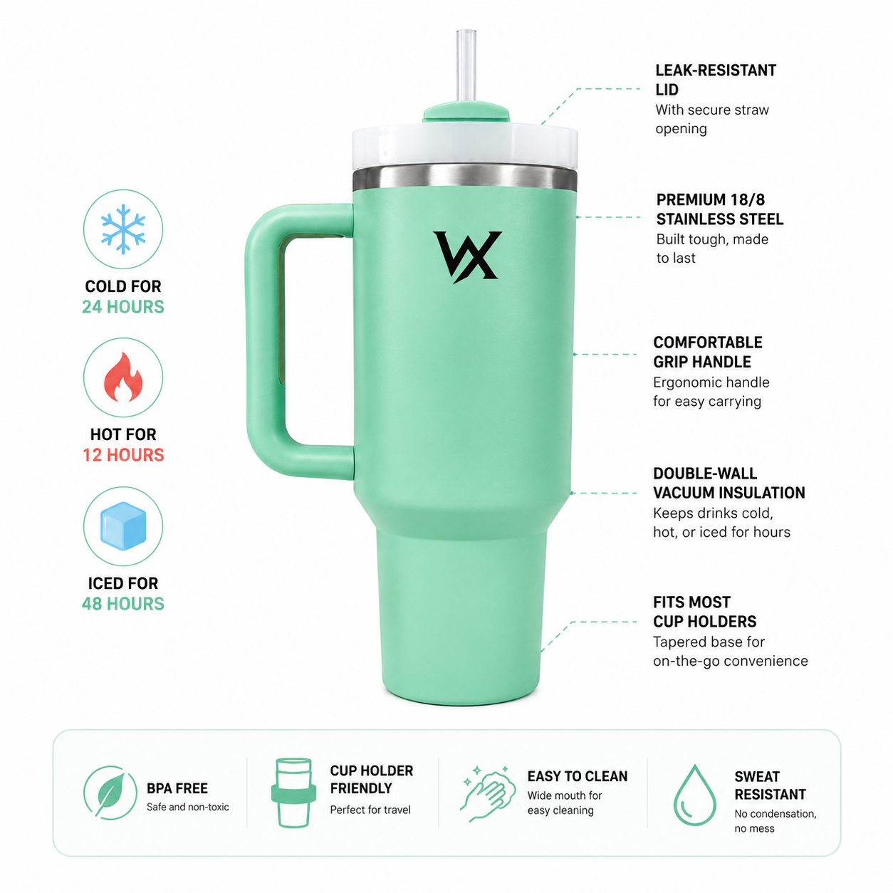 Warriorx Stanley Tumbler with Leakproof Lid 1500ML