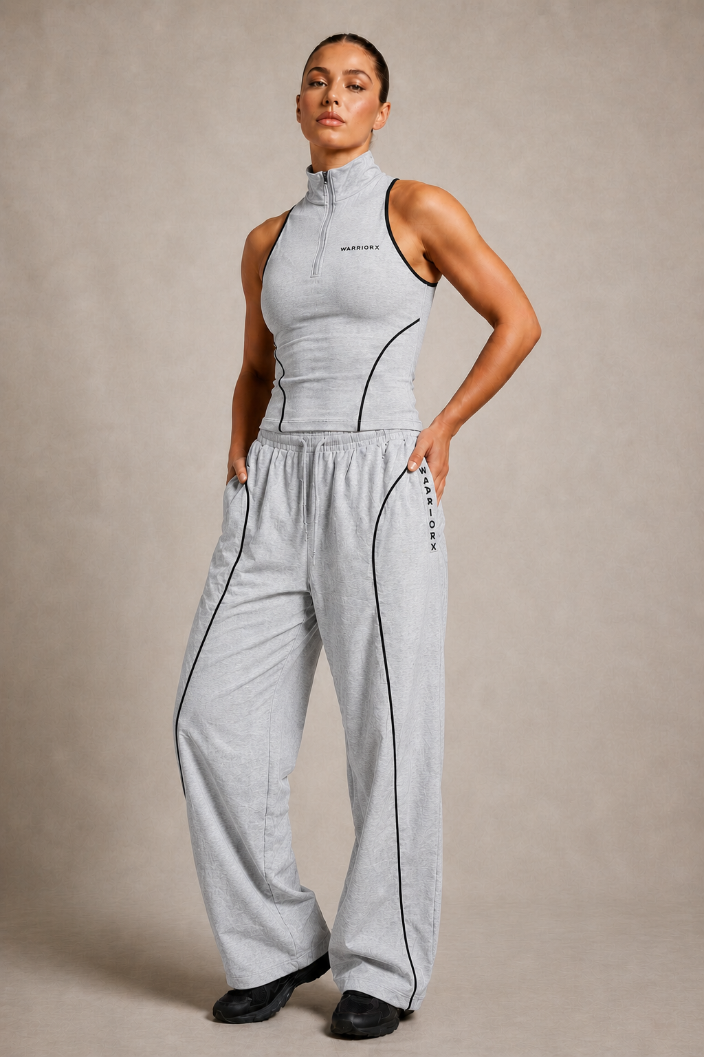 WOMENS COTTON TERRY WHITE PIPINING DETAILING CORD SET WITH TANK TOP WITH BAGGY FIT TROUSER