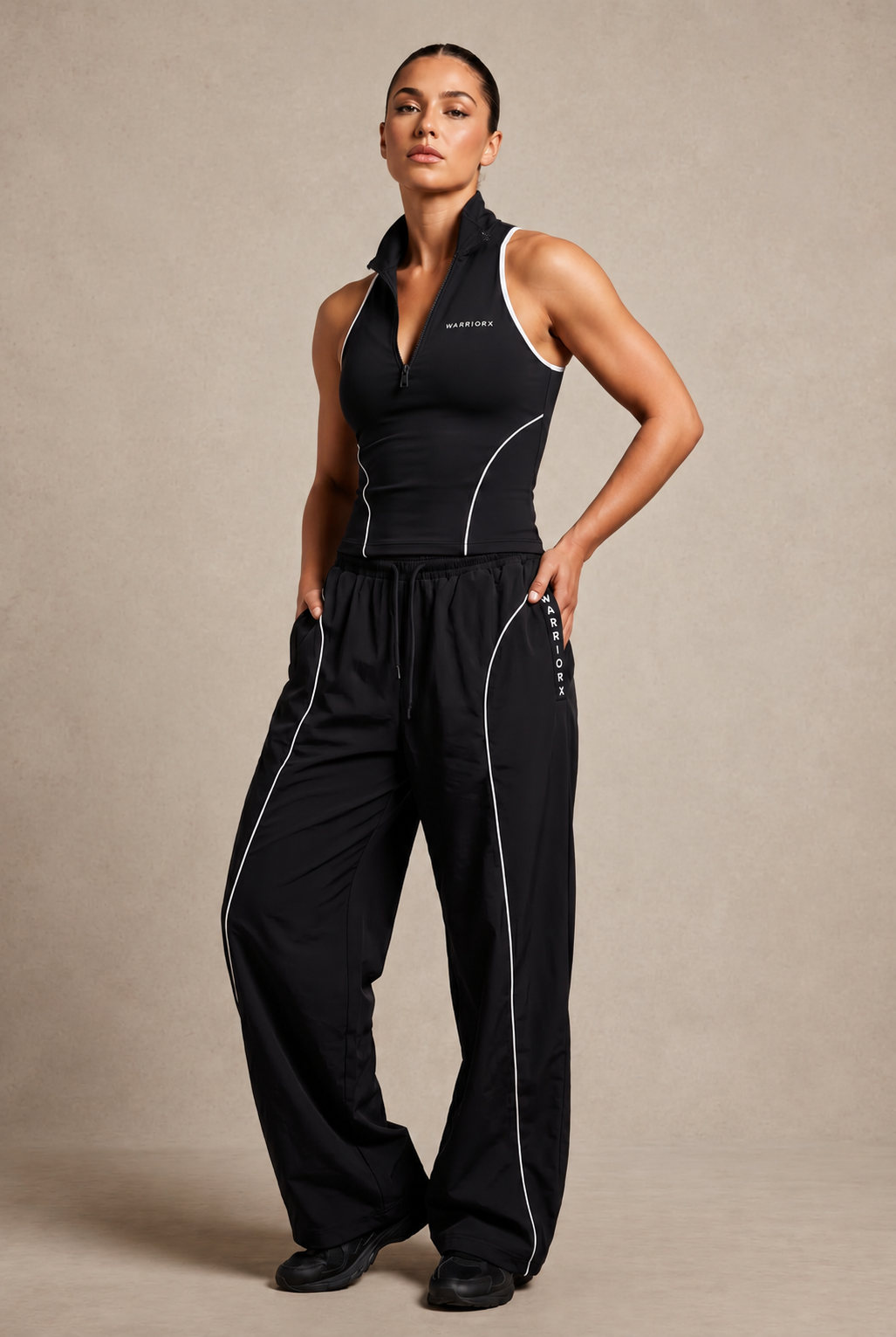 WOMENS COTTON TERRY WHITE PIPINING DETAILING CORD SET WITH TANK TOP WITH BAGGY FIT TROUSER