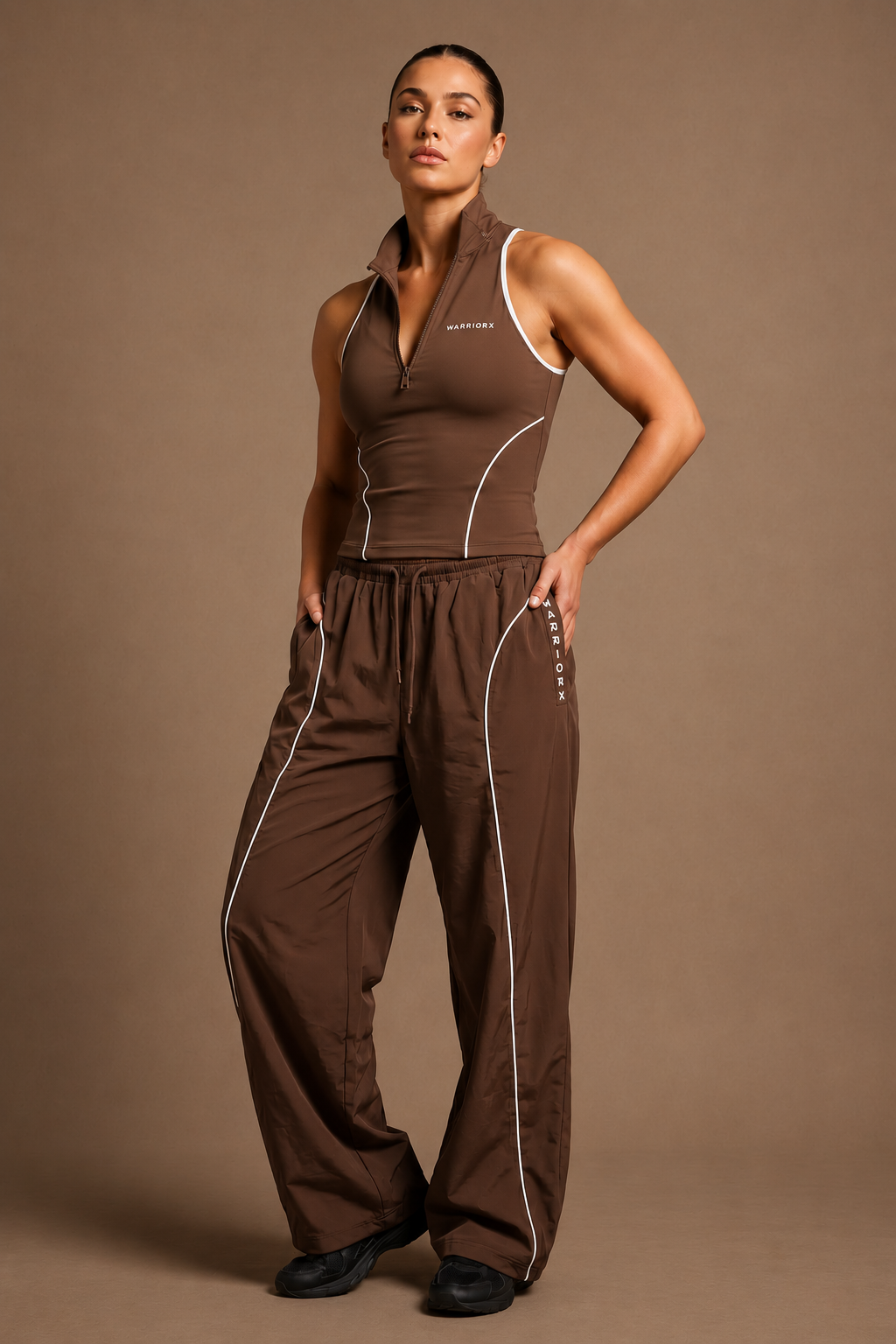 WOMENS COTTON TERRY WHITE PIPINING DETAILING CORD SET WITH TANK TOP WITH BAGGY FIT TROUSER