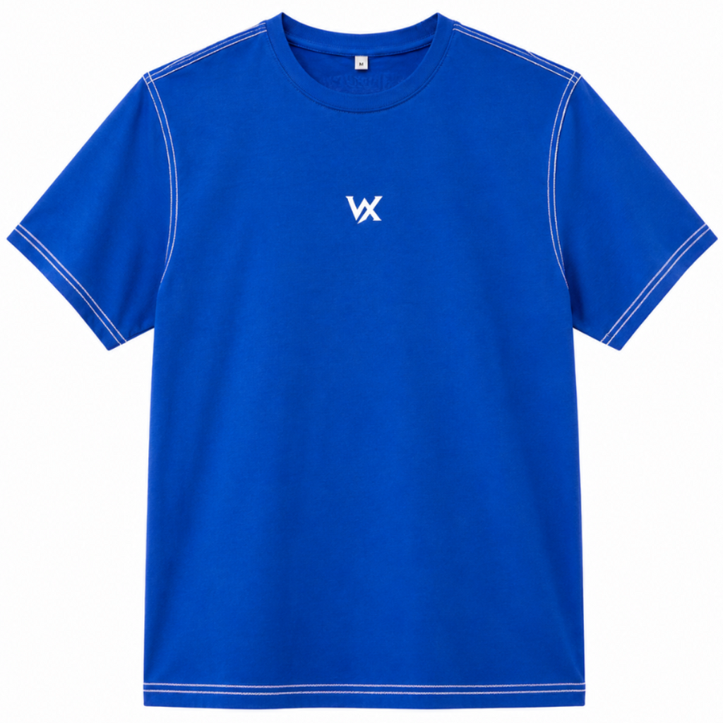 Blue t-shirt with a white logo on a white background