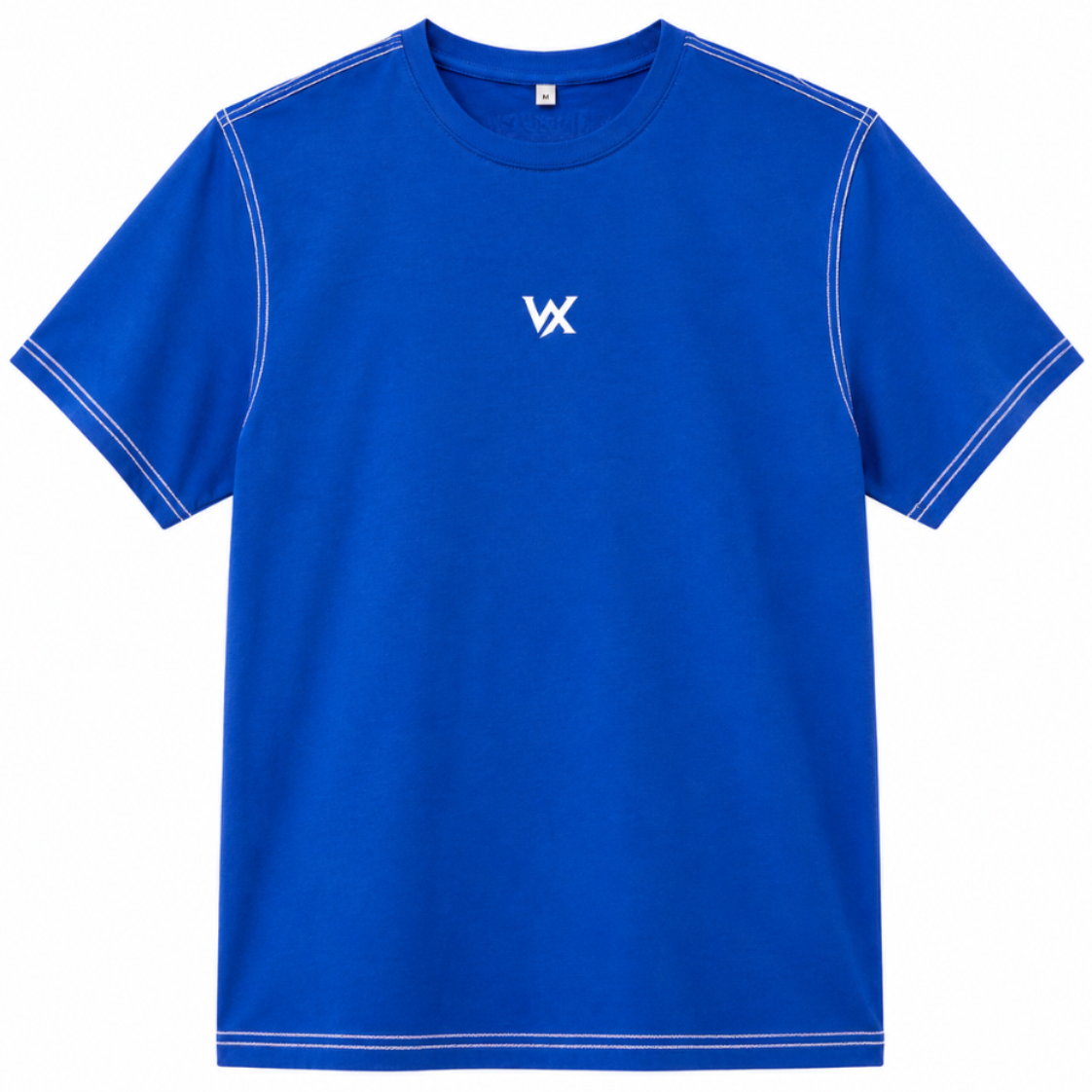 Blue t-shirt with a white logo on a white background