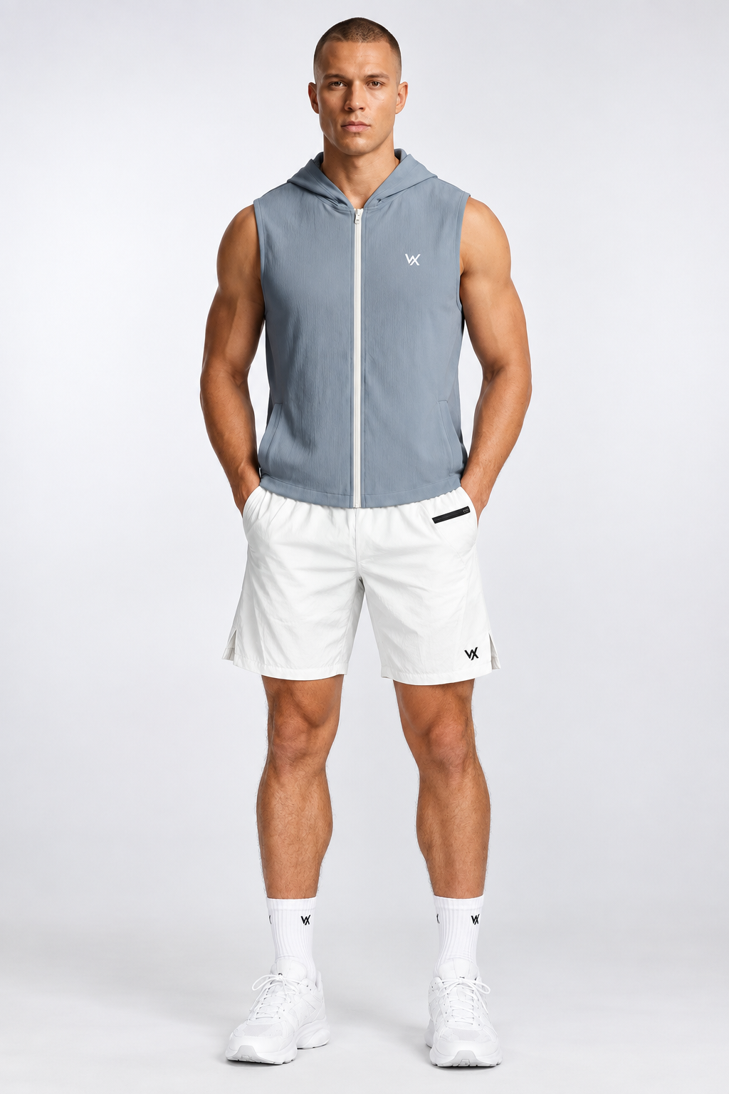 WarriorX Men’s  Sleeveless Hooded Zip-Up Gym Vest and Shorts