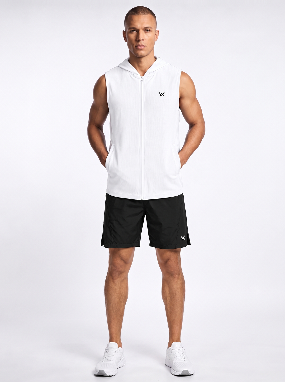 WarriorX Men’s  Sleeveless Hooded Zip-Up Gym Vest and Shorts