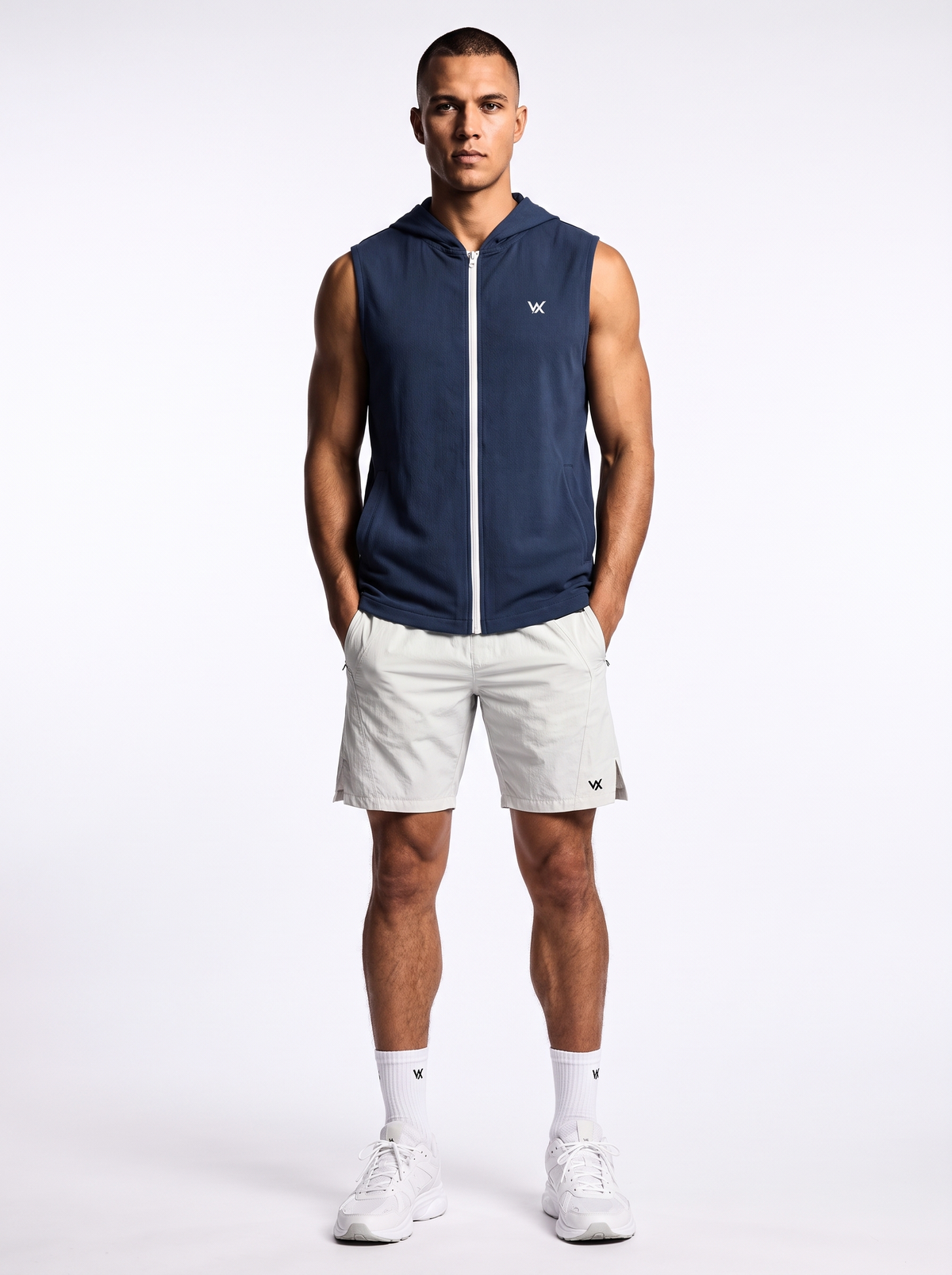 WarriorX Men’s  Sleeveless Hooded Zip-Up Gym Vest and Shorts