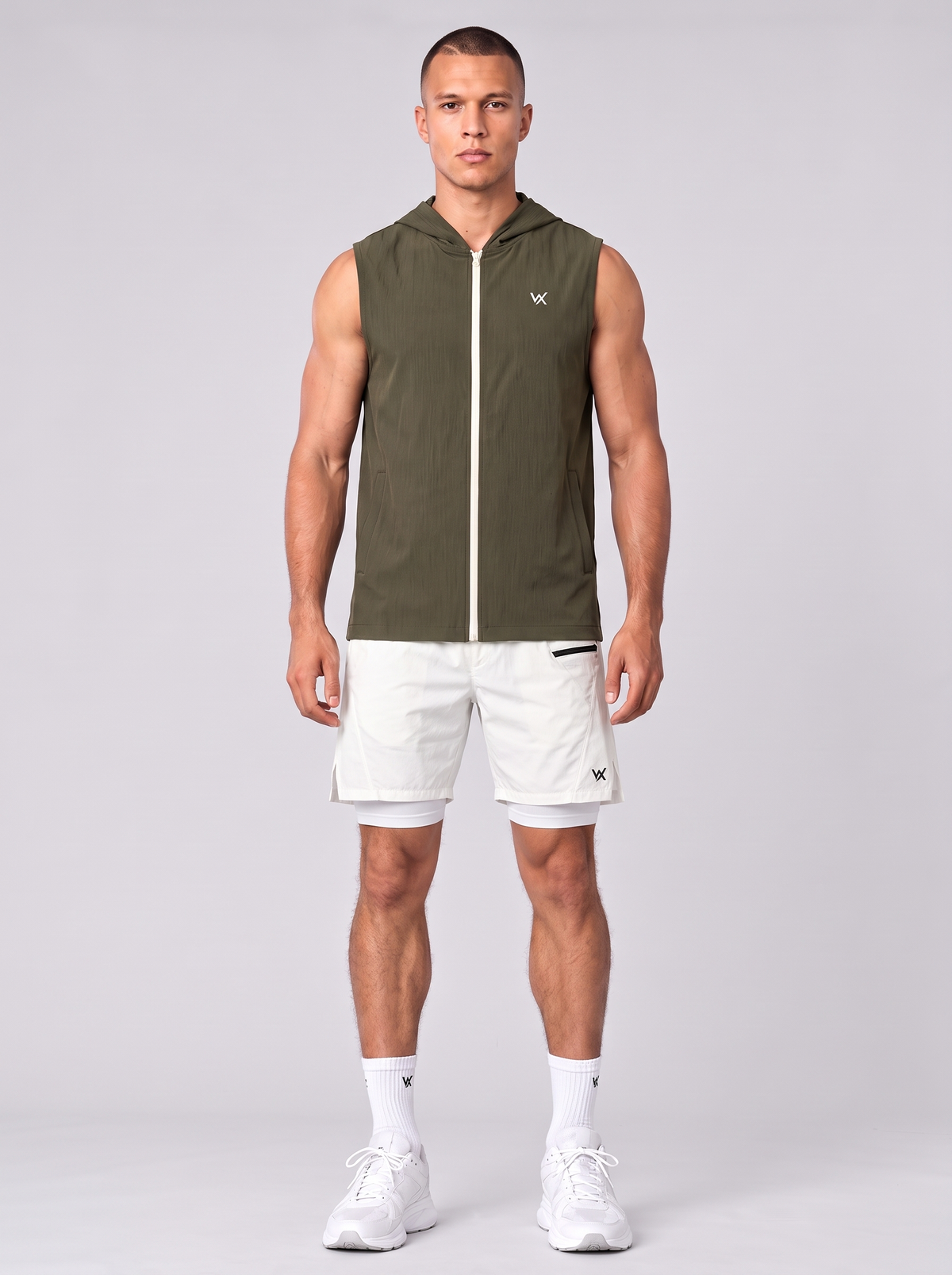 WarriorX Men’s Sleeveless Hooded Zip-Up Gym Vest and Shorts with tights