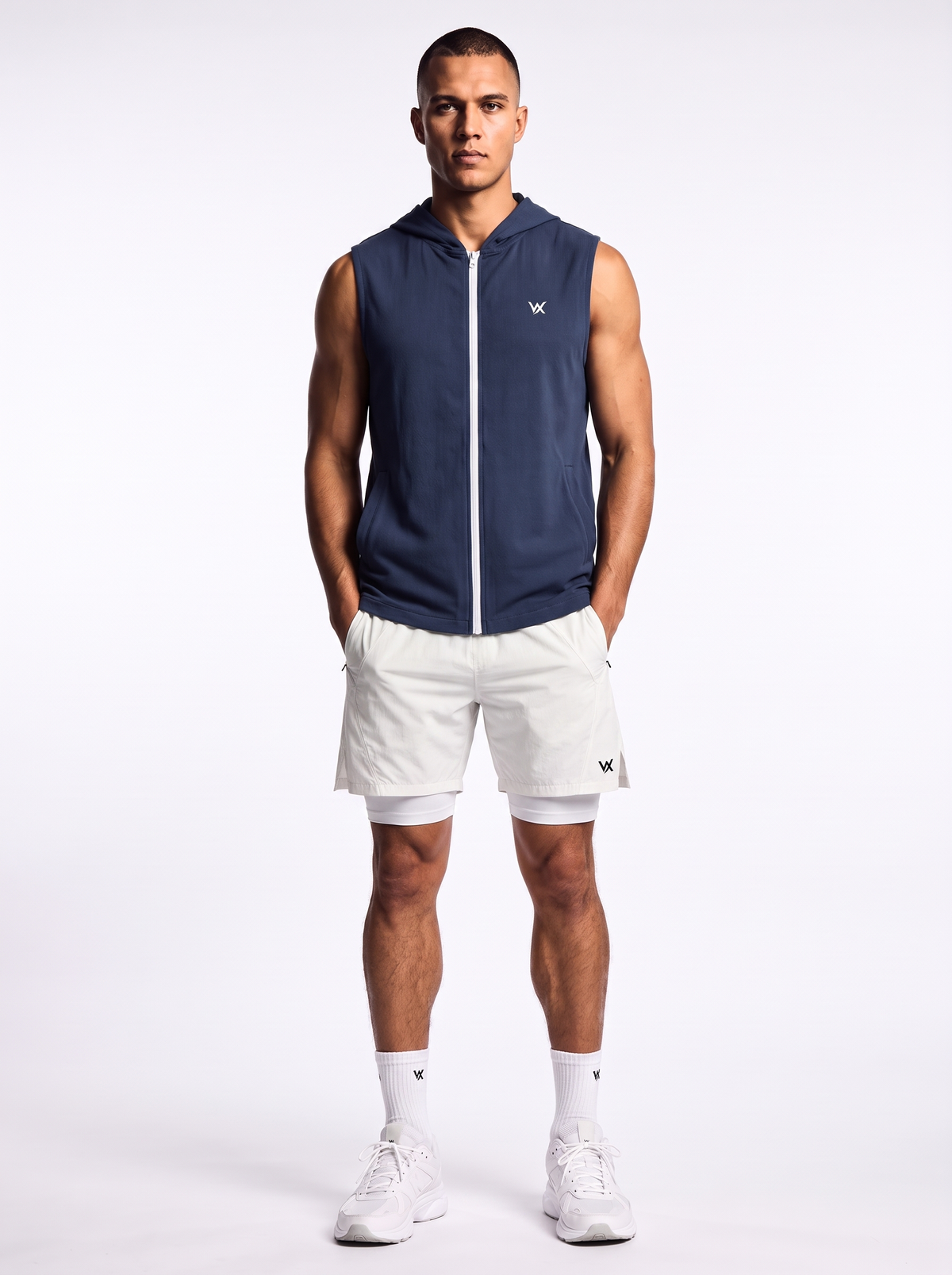 WarriorX Men’s Sleeveless Hooded Zip-Up Gym Vest and Shorts with tights