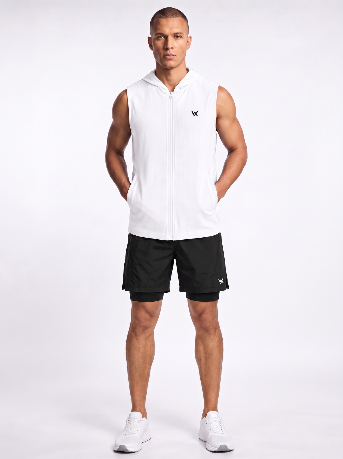 WarriorX Men’s Sleeveless Hooded Zip-Up Gym Vest and Shorts with tights