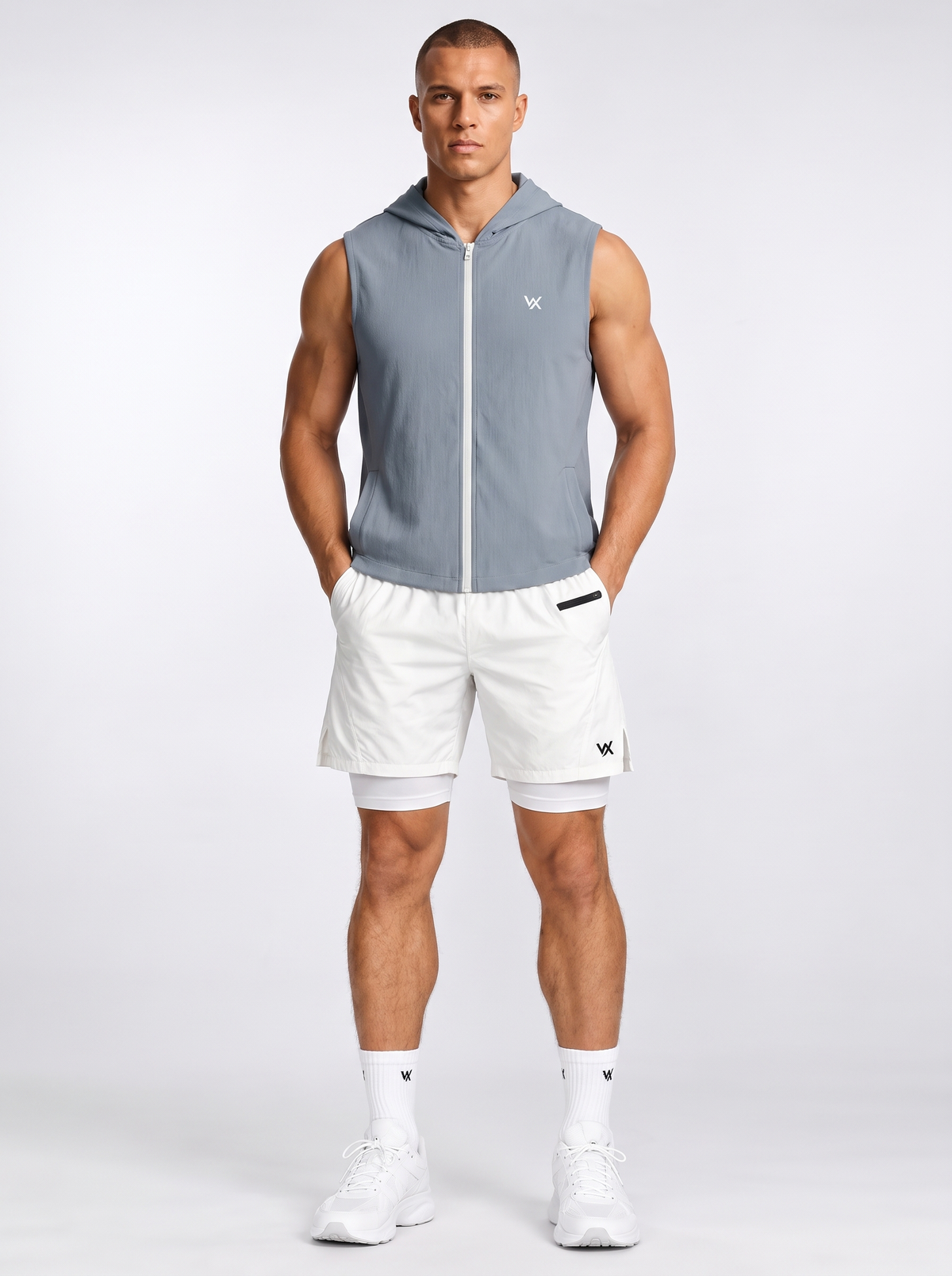 WarriorX Men’s Sleeveless Hooded Zip-Up Gym Vest and Shorts with tights