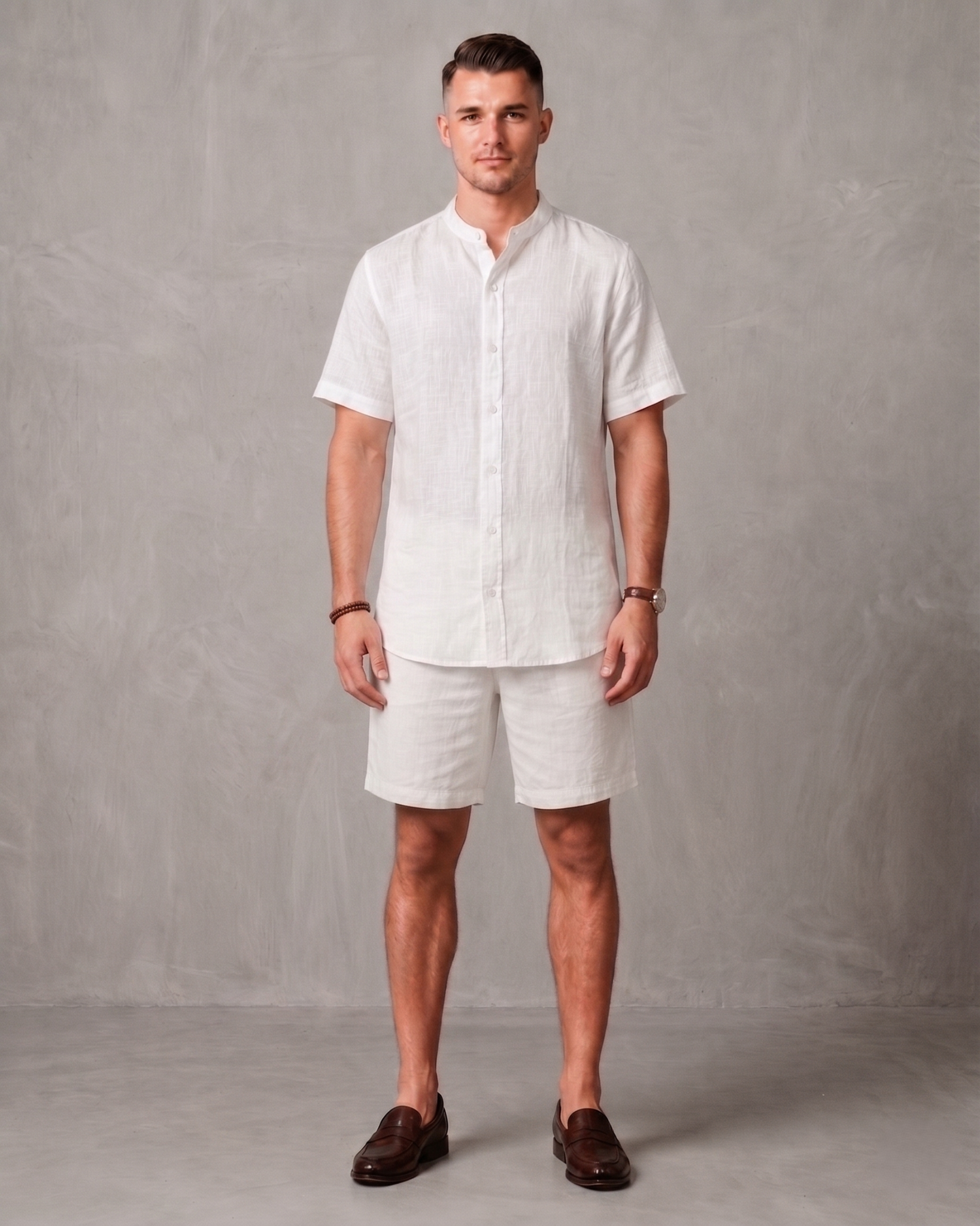 Men's Premium Mandarin Collar Linen Shirt & Shorts Set